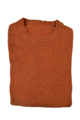 folded orange wool crewneck sweater on white background