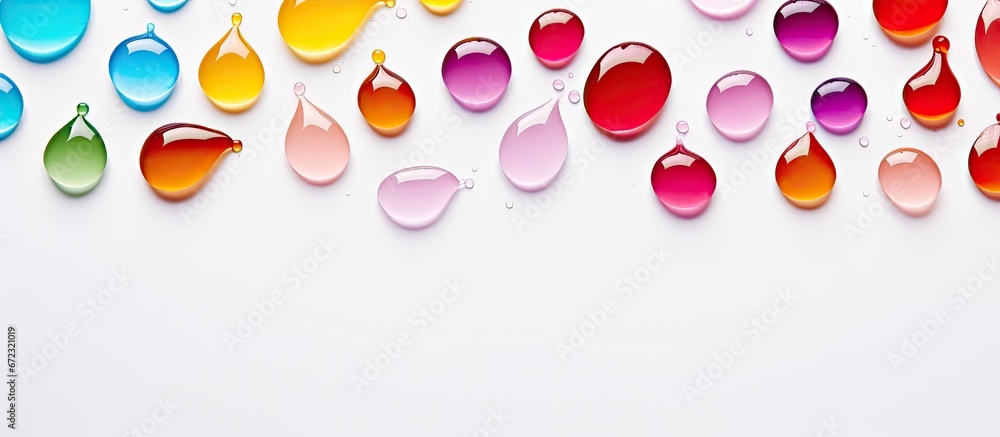 Poster abstract pattern of isolated multicolored droplets against a white backdrop