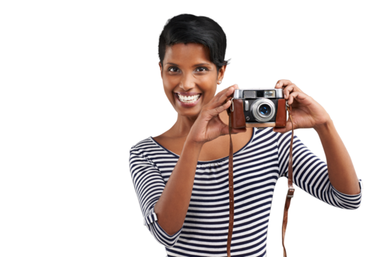 Photographer, portrait and happy woman with camera isolated on transparent png background with creative vacation hobby. Retro art, smile and vintage photography, girl on holiday on memory photo shoot