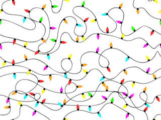 Christmas glowing garland seamless pattern. Colorful Christmas lights on a white background. Christmas tree garland with red, green and blue LEDs. Design for banner and poster. Vector illustration