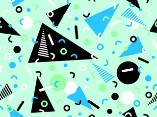 Geometric seamless pattern with memphis elements in 80s style. Colorful geometric pattern. Design of promotional products, wrapping paper and printing. Vector illustration