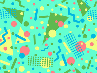 Memphis seamless pattern with geometric shapes in 80s and 90s style. Geometric shapes of different shapes and colors. Design of promotional products, wrapping paper and printing. Vector illustration