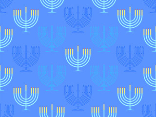 Hanukkah seamless pattern with Menorah with nine candles. Lighted Hanukkah candles. Design of greeting cards, banners and promotional products. Vector illustration
