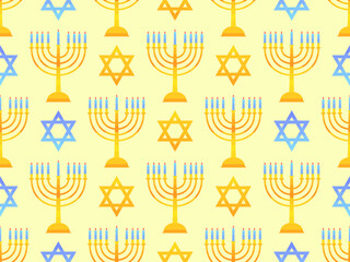 Hanukkah seamless pattern with Menorah with nine candles and stars of David. Lighted Hanukkah candles. Design of greeting cards, banners and promotional products. Vector illustration