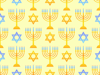 Hanukkah seamless pattern with Menorah with nine candles and stars of David. Lighted Hanukkah candles. Design of greeting cards, banners and promotional products. Vector illustration