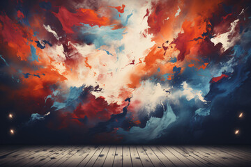 Vivid cloud formation over a wooden stage suggesting a cosmic theatrical display
 - obrazy, fototapety, plakaty