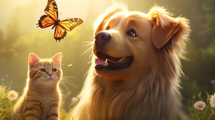 lovely, fluffy pals In a bright summer garden, a dog and a cat manage to capture a flying butterfly.