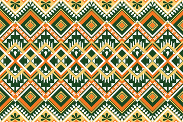Oriental ethnic geometry orange yellow green abstract traditional tribal motifs seamless pattern Design for background, wallpaper, clothing, wrapping, print, carpet, fabric, textile, rug, embroidery