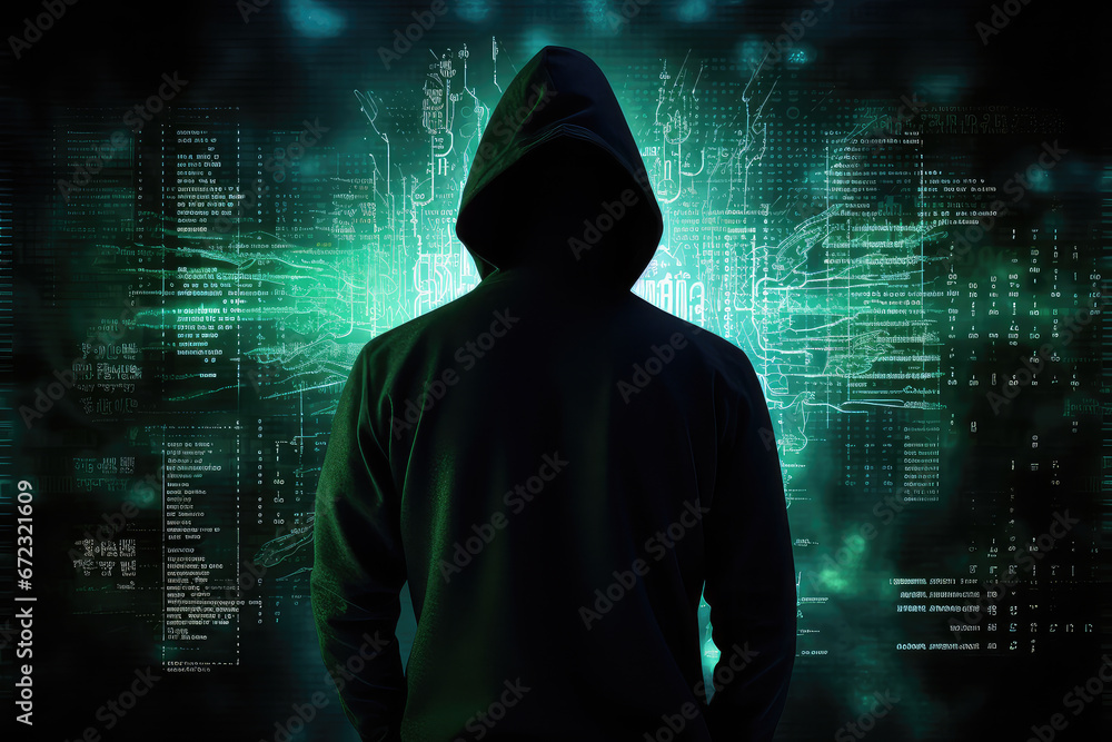 Poster the dark side of the digital world with a silhouette of a hacker in a hoodie against a backdrop of d