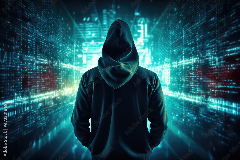 Poster the dark side of the digital world with a silhouette of a hacker in a hoodie against a backdrop of d