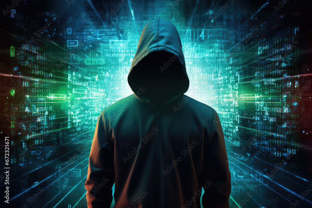 Poster the dark side of the digital world with a silhouette of a hacker in a hoodie against a backdrop of d