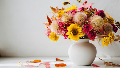 Dried pink and yellow flowers in white vase against white wall. Home interior autumn decor texture background