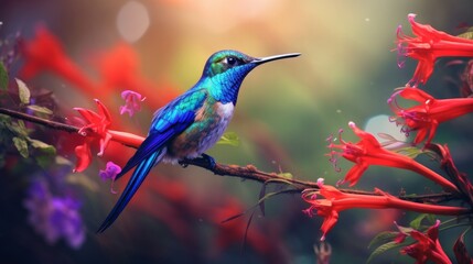 Hummingbird in blue Violet Sabrewing soaring beside a stunning crimson blossom. Tiny bird flying in the forest