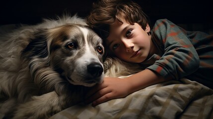 Boy and his dog snuggling together on a blanket on the floor