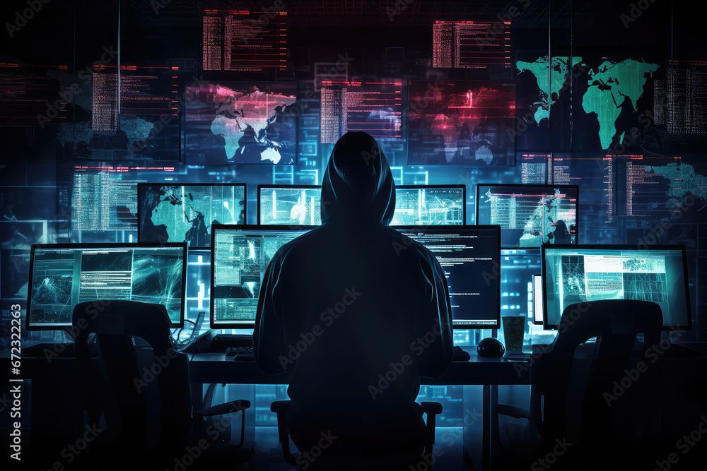 Poster the dark side of the digital world with a silhouette of a hacker in a hoodie against a backdrop of d