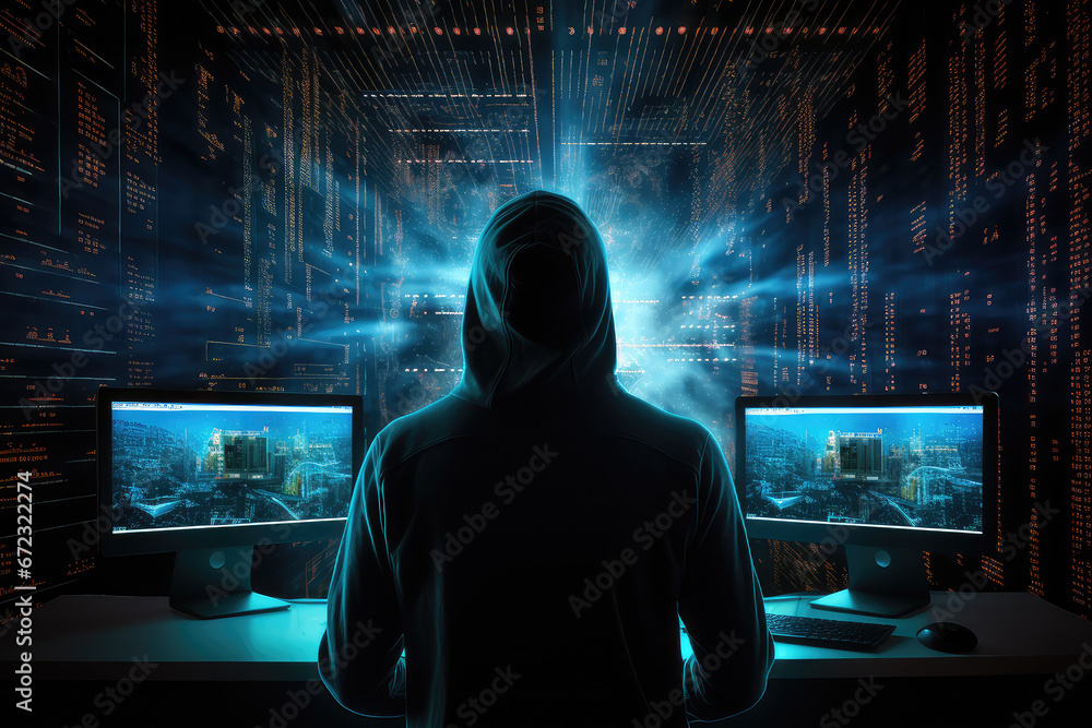 Poster the dark side of the digital world with a silhouette of a hacker in a hoodie against a backdrop of d