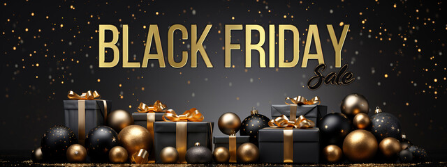 Black Friday Sale banner. Black gifts boxes with gold ribbons and Christmas balls on dark background. Generative Ai