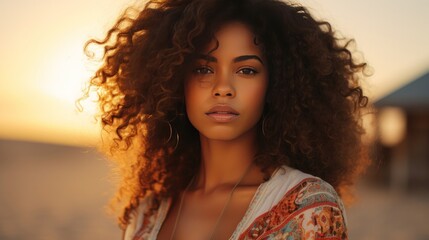 A close-up shot of a single, solemn young woman at the beach during sunset gazing into the camera