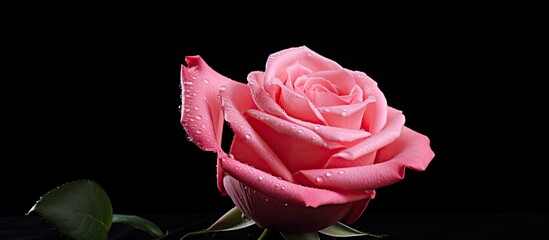 A pink rose stands alone on a backdrop of darkness