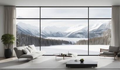 Minimalist white walled room with modern Scandinavian interior design. There are large windows showing a peaceful winter scene. falling snowflakes vitality the cool beauty of winter - obrazy, fototapety, plakaty