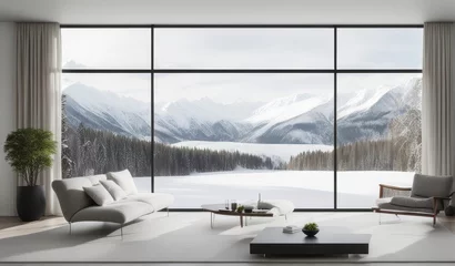 Foto auf Alu-Dibond Schönheitssalon Minimalist white walled room with modern Scandinavian interior design. There are large windows showing a peaceful winter scene. falling snowflakes vitality the cool beauty of winter