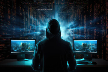 The dark side of the digital world with a silhouette of a hacker in a hoodie against a backdrop of digital data. This image conveys the concept of cybersecurity and online protection.
