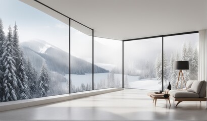 Minimalist white walled room with modern Scandinavian interior design. There are large windows showing a peaceful winter scene. falling snowflakes vitality the cool beauty of winter