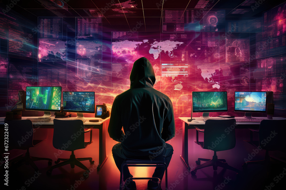 Poster the dark side of the digital world with a silhouette of a hacker in a hoodie against a backdrop of d