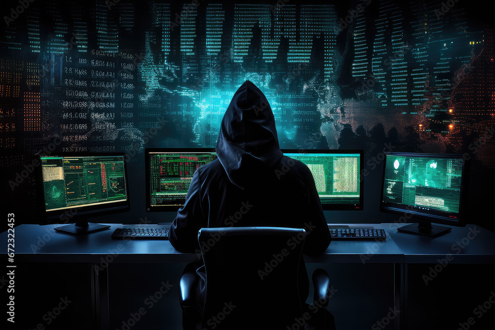 Poster the dark side of the digital world with a silhouette of a hacker in a hoodie against a backdrop of d