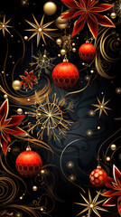 Christmas background with baubles, stars and snowflakes on a dark background