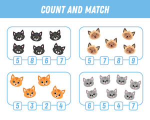 Education game for children count and match of cute cartoon cat,  printable worksheet. Funny kitten. Vector