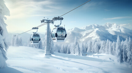 Mountain lift, cable chairlift transport, Ski lift, winter landscape, snow mountains, Winter vacation, alpine landscape, activity, Winter resort concept