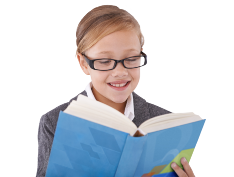 Girl reading book, student and glasses for education, language learning and school knowledge. Kid or child with vision, eye care and library resources or novel isolated on transparent png background