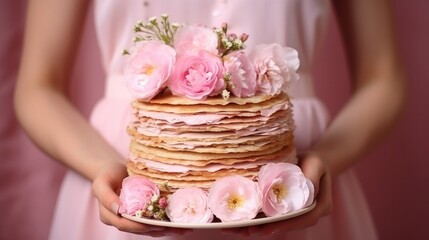 Fototapeta na wymiar For an Easter celebration, consider making blini or crepe cake with almond flowers and a rose-colored backdrop.
