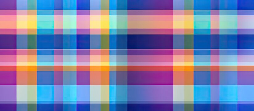 A colorful tartan pattern with intersecting geometric stripes creates an abstract background for graphic design applications such as wallpapers tablecloths fabric garments postcards and broc