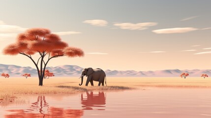 A majestic elephant stands tall amidst a golden sunrise, surrounded by lush grass and a serene body...