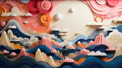 Vibrant brushstrokes dance across a whimsical paper canvas, bringing to life a playful landscape in this cartoon-inspired mural