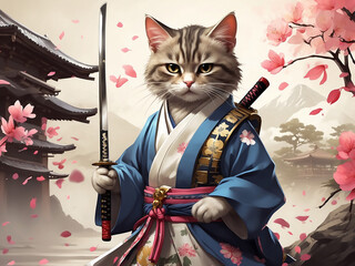 a heroic and cute cat samurai stands as the guardian of a shogun, showcasing unmatched bravery and valor.