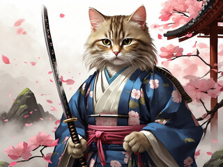 a heroic and cute cat samurai stands as the guardian of a shogun, showcasing unmatched bravery and valor. - obrazy, fototapety, plakaty