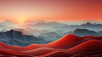 A majestic sunrise paints the sky with fiery hues, casting a dreamy fog over a breathtaking landscape of rugged mountains and untamed nature, as the sun sets in a wild and fluid display of beauty - obrazy, fototapety, plakaty
