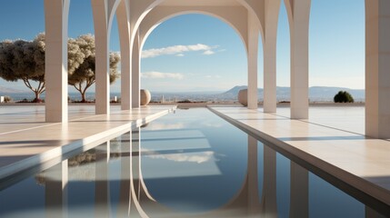 Nature and man-made structures intertwine in this serene pool scene, with the sky reflecting off the water's surface and the arched building framing a majestic tree in the background