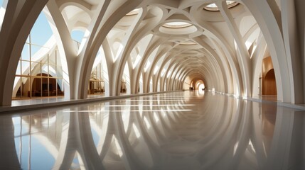 A mesmerizing arcade of architectural perfection, with symmetrical arches reflecting the artful play of light on the water-like floor and ceiling of this indoor oasis