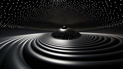 A mesmerizing vortex of silver and black, illuminated by vibrant circles of light, beckoning with an otherworldly allure