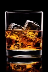 Glass of Whiskey with ice cubes. Black background. Generative Ai