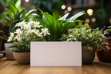 Blank card with houseplants on wooden table