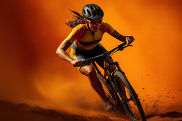 Woman cyclist in bicycle outfit, ride in movement in orange background