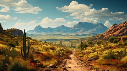 A winding dirt road leads through the expansive desert landscape, framed by billowing clouds and towering mountains, as shrubs and grasses dot the rugged terrain of the chaparral wilderness - Powered by Adobe