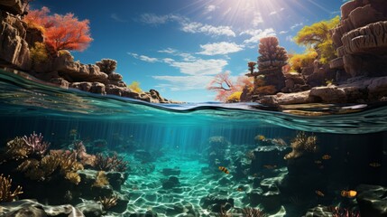 Delve into the vibrant depths of an aqua paradise, where the sky and sea unite in a mesmerizing display of nature's artistry, as colorful fish and delicate plants dance amongst the coral reef