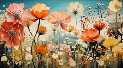 Vibrant brushstrokes of orange poppies dance among lush plants in an outdoor oasis, captured in a stunning painting that evokes a sense of wild beauty and artistic expression
