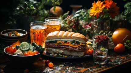 Indulge in a decadent feast of savory flavors as you bite into a juicy hamburger sandwich nestled between slices of fresh bread, while sipping on a cold bowl of beer
